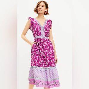 Loft Boho Peasant Cottagecore Floral Border Ruffle Pocket Midi Dress Pur…
